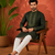 BOTTAL GREEN EMBROIDERY WITH SEQUENCE WORK DESIGN ON SILKY SILK FABRIC MENS KURTA PAJAMA SET