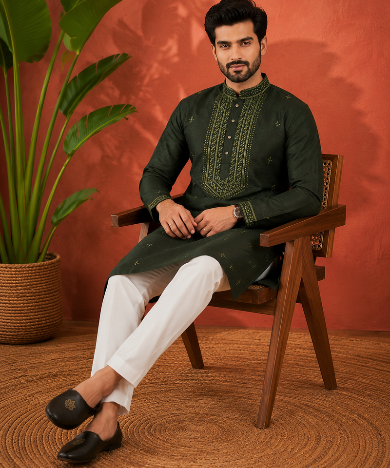 BOTTAL GREEN EMBROIDERY WITH SEQUENCE WORK DESIGN ON SILKY SILK FABRIC MENS KURTA PAJAMA SET