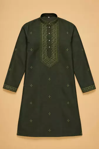 BOTTAL GREEN EMBROIDERY WITH SEQUENCE WORK DESIGN ON SILKY SILK FABRIC MENS KURTA PAJAMA SET