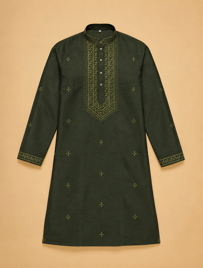 BOTTAL GREEN EMBROIDERY WITH SEQUENCE WORK DESIGN ON SILKY SILK FABRIC MENS KURTA PAJAMA SET