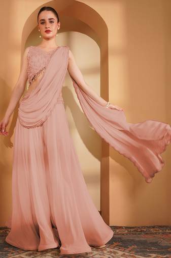 Peach crepe pearlwork  sharara set
