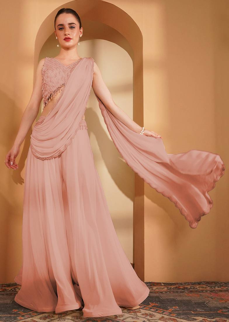 Peach crepe pearlwork  sharara set