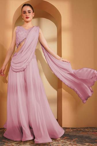 Pink crepe pearlwork  sharara set