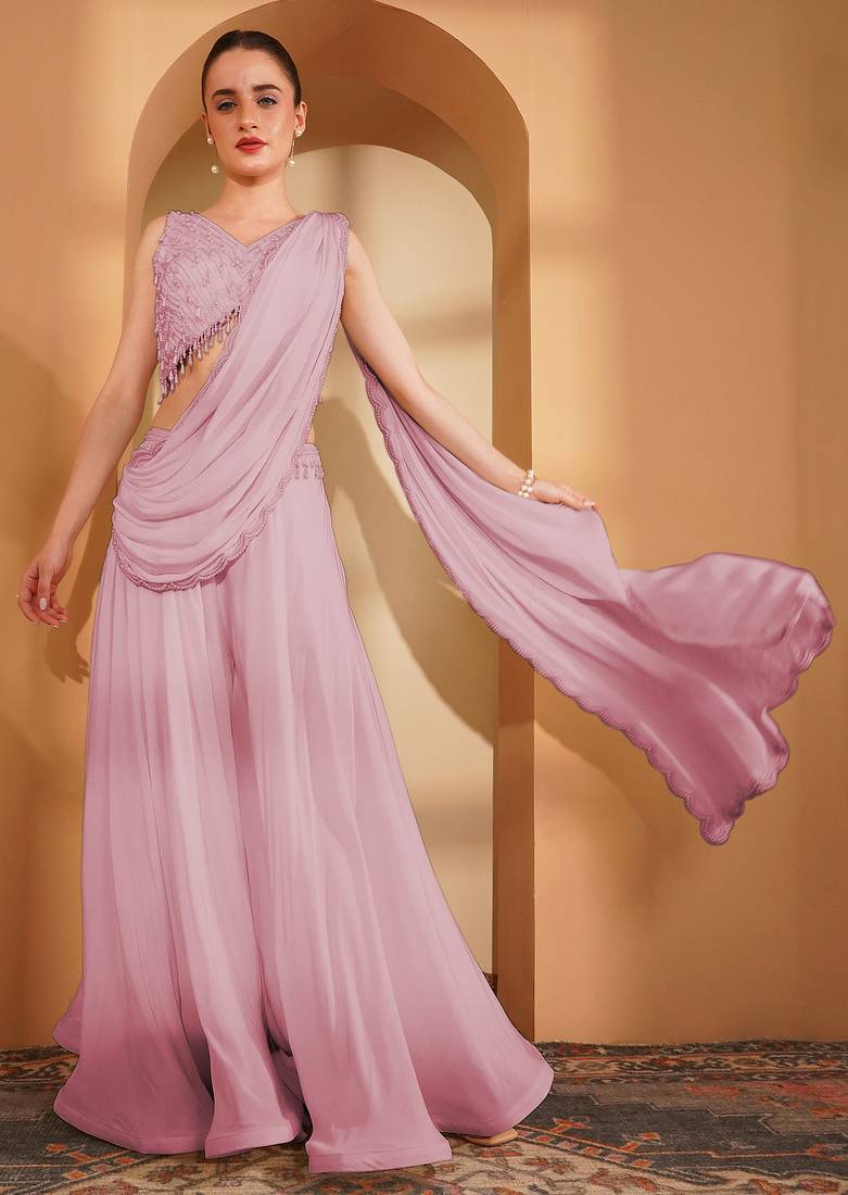 Pink crepe pearlwork  sharara set