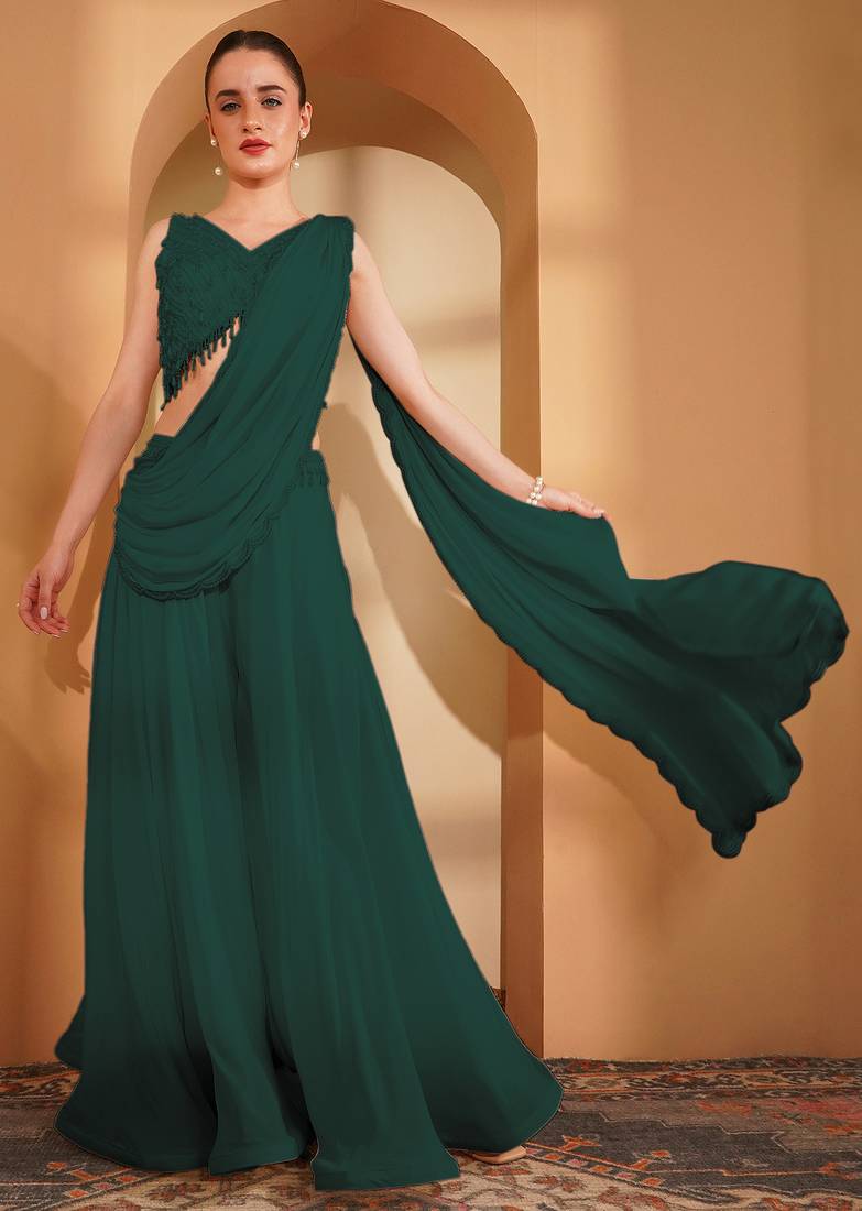 Dark green crepe pearlwork  sharara set