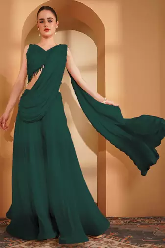 Dark green crepe pearlwork  sharara set