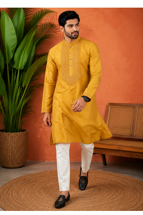 YELLOW EMBROIDERY WITH SEQUENCE WORK DESIGN ON SILKY SILK FABRIC MENS KURTA PAJAMA SET 1