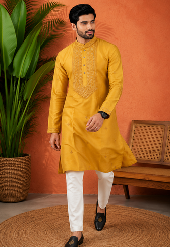 YELLOW EMBROIDERY WITH SEQUENCE WORK DESIGN ON SILKY SILK FABRIC MENS KURTA PAJAMA SET