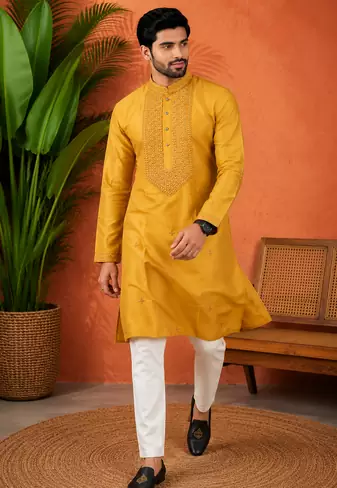 YELLOW EMBROIDERY WITH SEQUENCE WORK DESIGN ON SILKY SILK FABRIC MENS KURTA PAJAMA SET