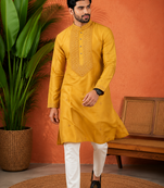 YELLOW EMBROIDERY WITH SEQUENCE WORK DESIGN ON SILKY SILK FABRIC MENS KURTA PAJAMA SET