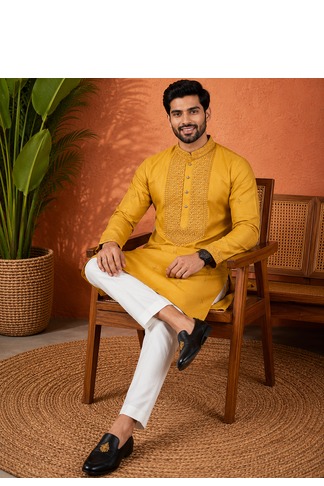 YELLOW EMBROIDERY WITH SEQUENCE WORK DESIGN ON SILKY SILK FABRIC MENS KURTA PAJAMA SET 2