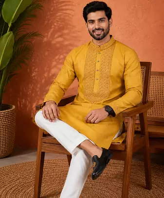 YELLOW EMBROIDERY WITH SEQUENCE WORK DESIGN ON SILKY SILK FABRIC MENS KURTA PAJAMA SET