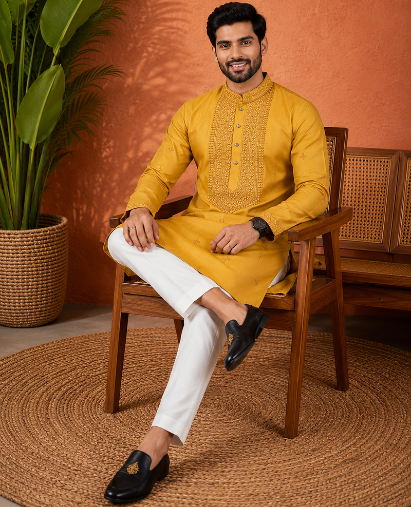 YELLOW EMBROIDERY WITH SEQUENCE WORK DESIGN ON SILKY SILK FABRIC MENS KURTA PAJAMA SET