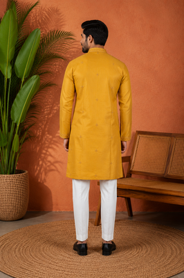 YELLOW EMBROIDERY WITH SEQUENCE WORK DESIGN ON SILKY SILK FABRIC MENS KURTA PAJAMA SET 3