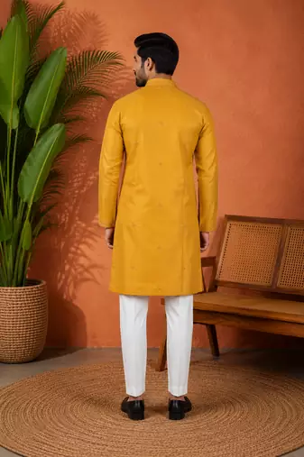 YELLOW EMBROIDERY WITH SEQUENCE WORK DESIGN ON SILKY SILK FABRIC MENS KURTA PAJAMA SET