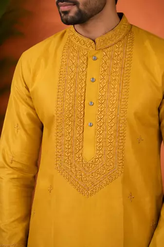 YELLOW EMBROIDERY WITH SEQUENCE WORK DESIGN ON SILKY SILK FABRIC MENS KURTA PAJAMA SET