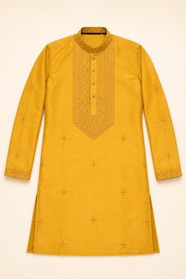 YELLOW EMBROIDERY WITH SEQUENCE WORK DESIGN ON SILKY SILK FABRIC MENS KURTA PAJAMA SET 5