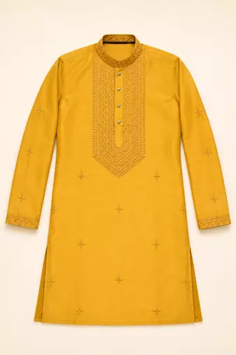 YELLOW EMBROIDERY WITH SEQUENCE WORK DESIGN ON SILKY SILK FABRIC MENS KURTA PAJAMA SET
