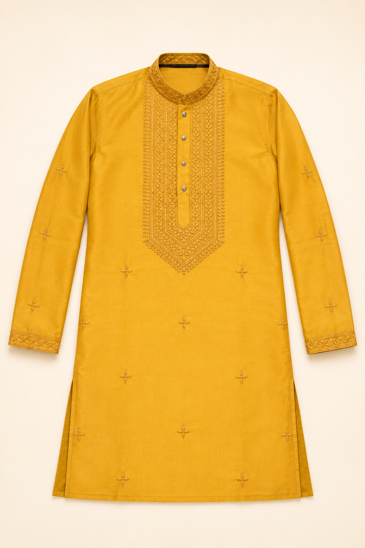 YELLOW EMBROIDERY WITH SEQUENCE WORK DESIGN ON SILKY SILK FABRIC MENS KURTA PAJAMA SET