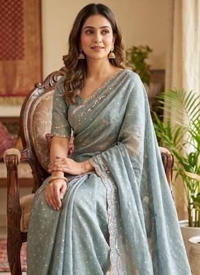 Grey Color  Beads Work Silk Blend Saree 1