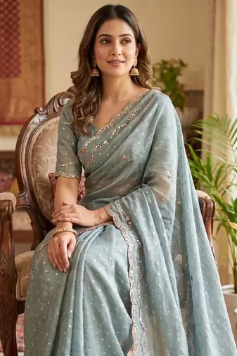 Grey Color  Beads Work Silk Blend Saree