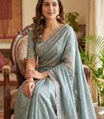 Grey Color  Beads Work Silk Blend Saree