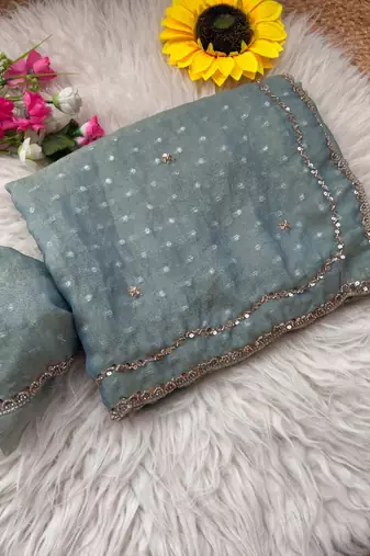 Grey Color  Beads Work Silk Blend Saree