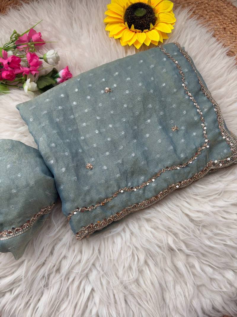 Grey Color  Beads Work Silk Blend Saree