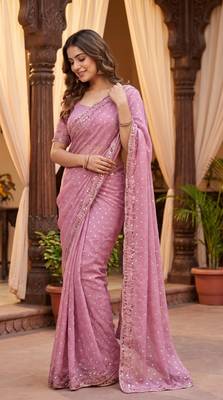 Onion Pink Color  Beads Work Silk Blend Saree 1