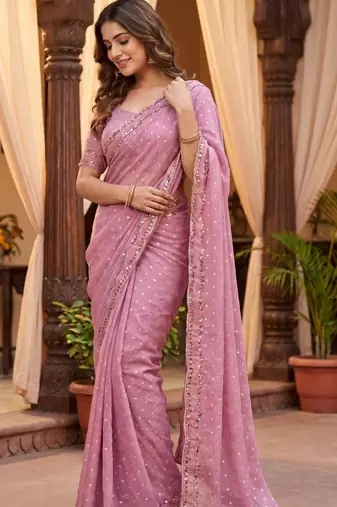 Onion Pink Color  Beads Work Silk Blend Saree