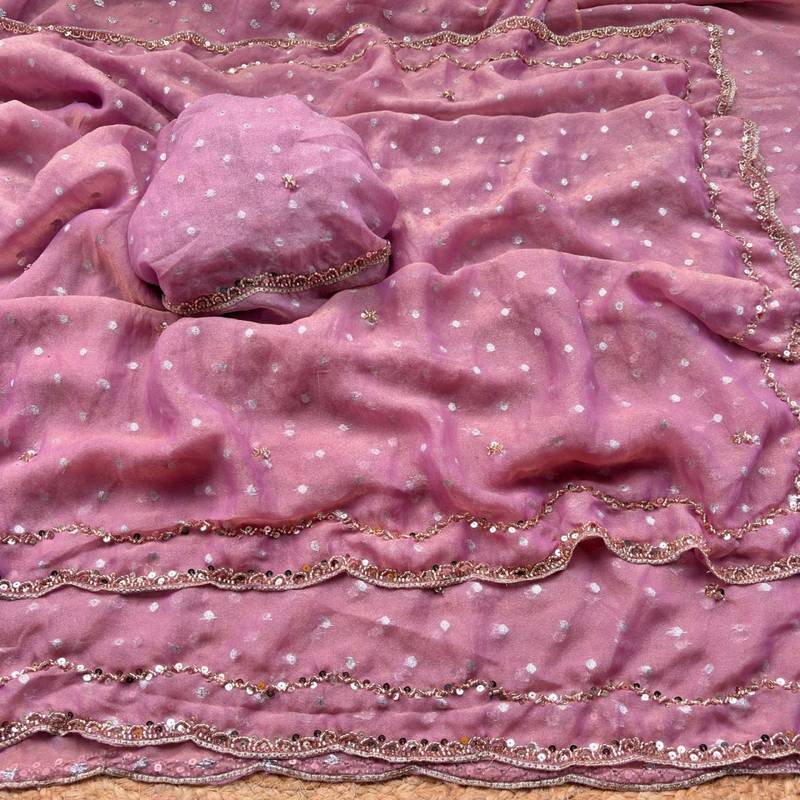 Onion Pink Color  Beads Work Silk Blend Saree