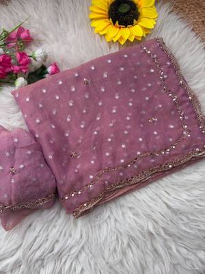 Onion Pink Color  Beads Work Silk Blend Saree 3