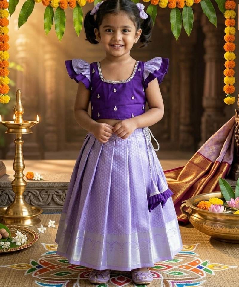 Girls lavender jacquard lehenga choli with dupatta set