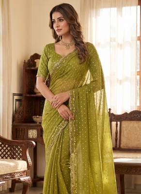 Olive Color  Beads Work Silk Blend Saree 1