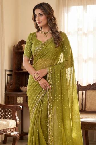 Olive Color  Beads Work Silk Blend Saree