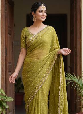 Olive Color  Beads Work Silk Blend Saree 2