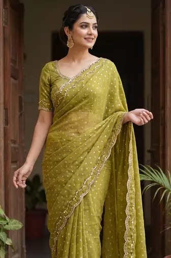 Olive Color  Beads Work Silk Blend Saree