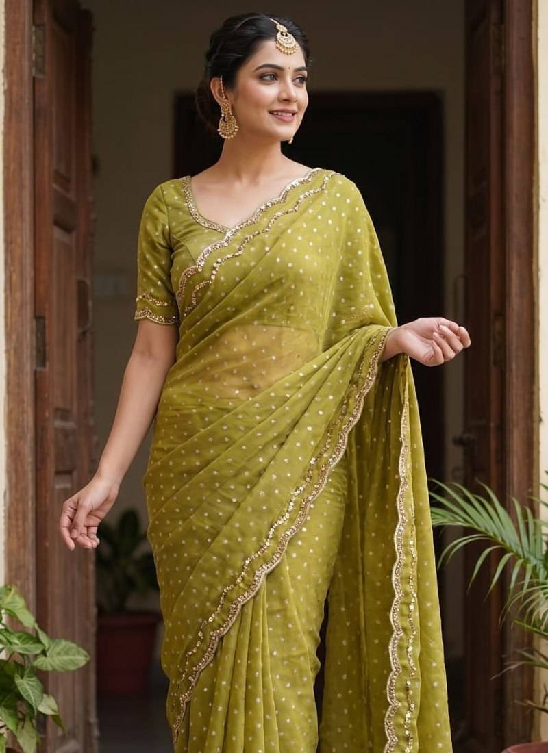 Olive Color  Beads Work Silk Blend Saree