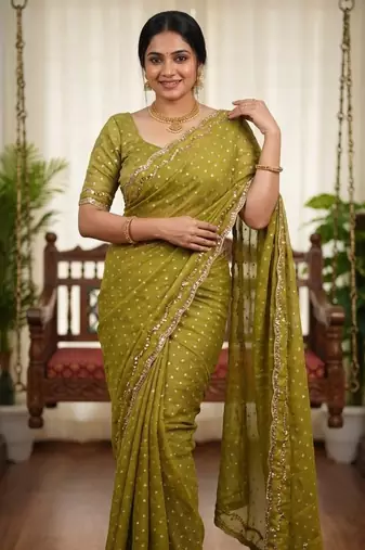 Olive Color  Beads Work Silk Blend Saree