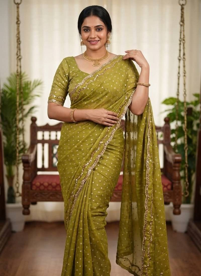 Olive Color  Beads Work Silk Blend Saree