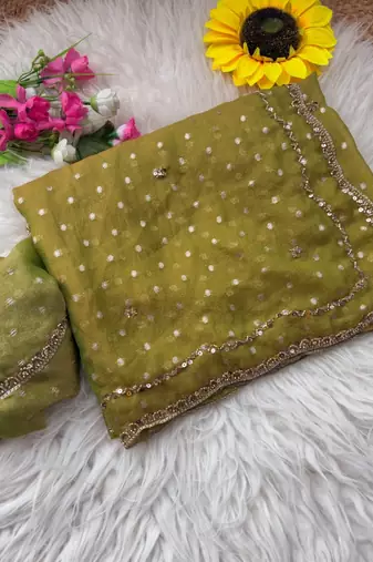 Olive Color  Beads Work Silk Blend Saree