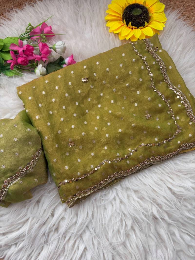 Olive Color  Beads Work Silk Blend Saree