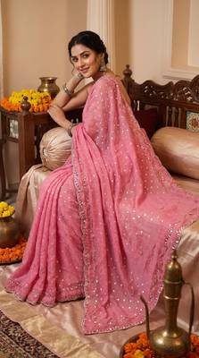 Pink Color  Beads Work Silk Blend Saree 1