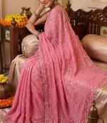 Pink Color  Beads Work Silk Blend Saree