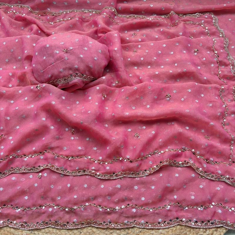 Pink Color  Beads Work Silk Blend Saree