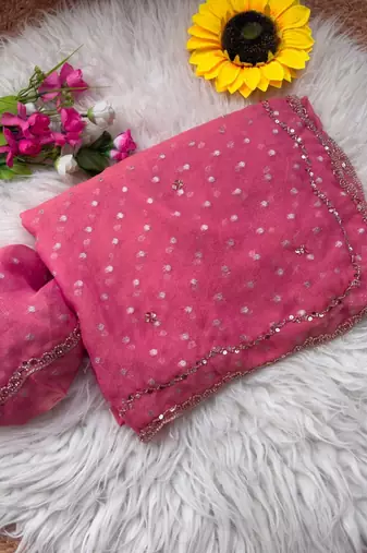 Pink Color  Beads Work Silk Blend Saree