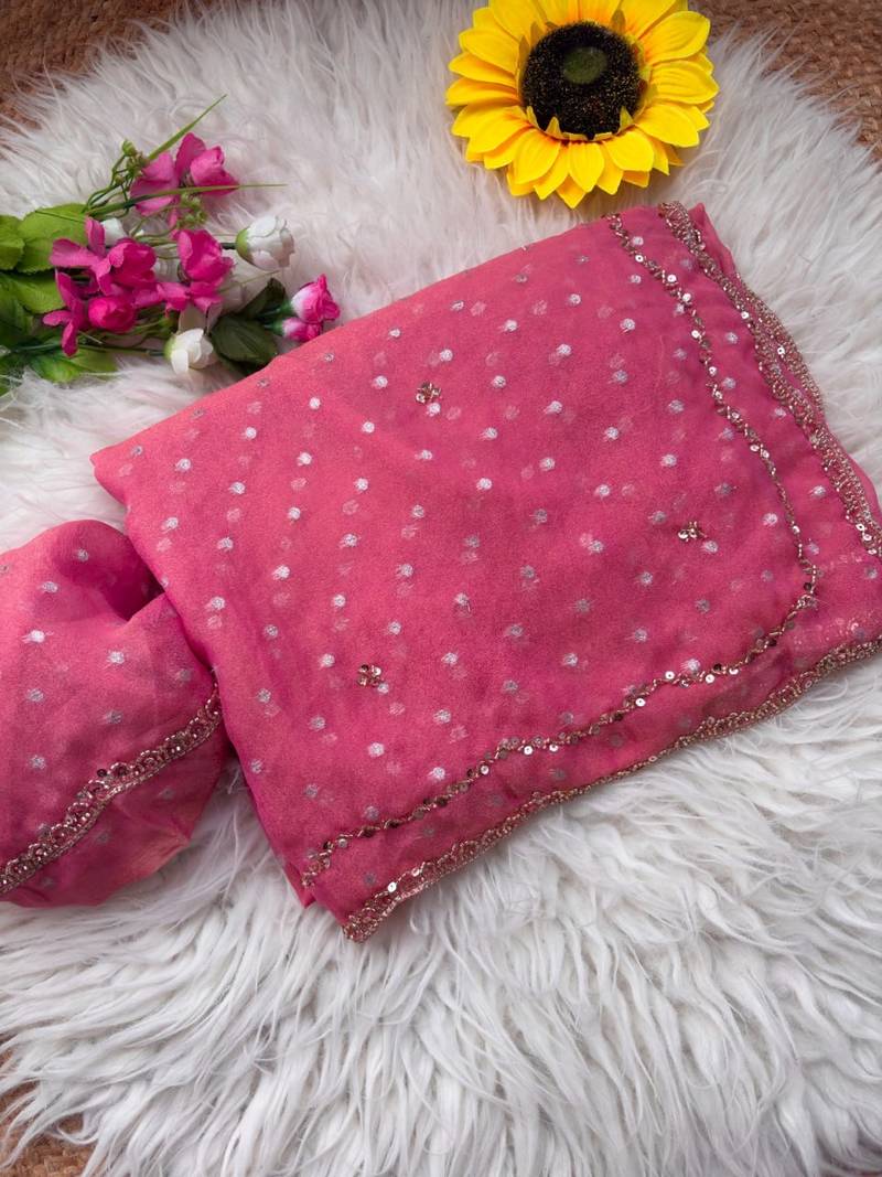 Pink Color  Beads Work Silk Blend Saree