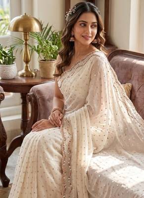 White Color  Beads Work Silk Blend Saree 1