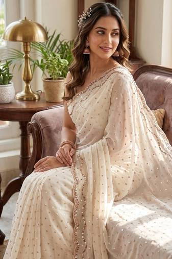 White Color  Beads Work Silk Blend Saree