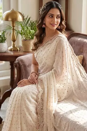 White Color  Beads Work Silk Blend Saree